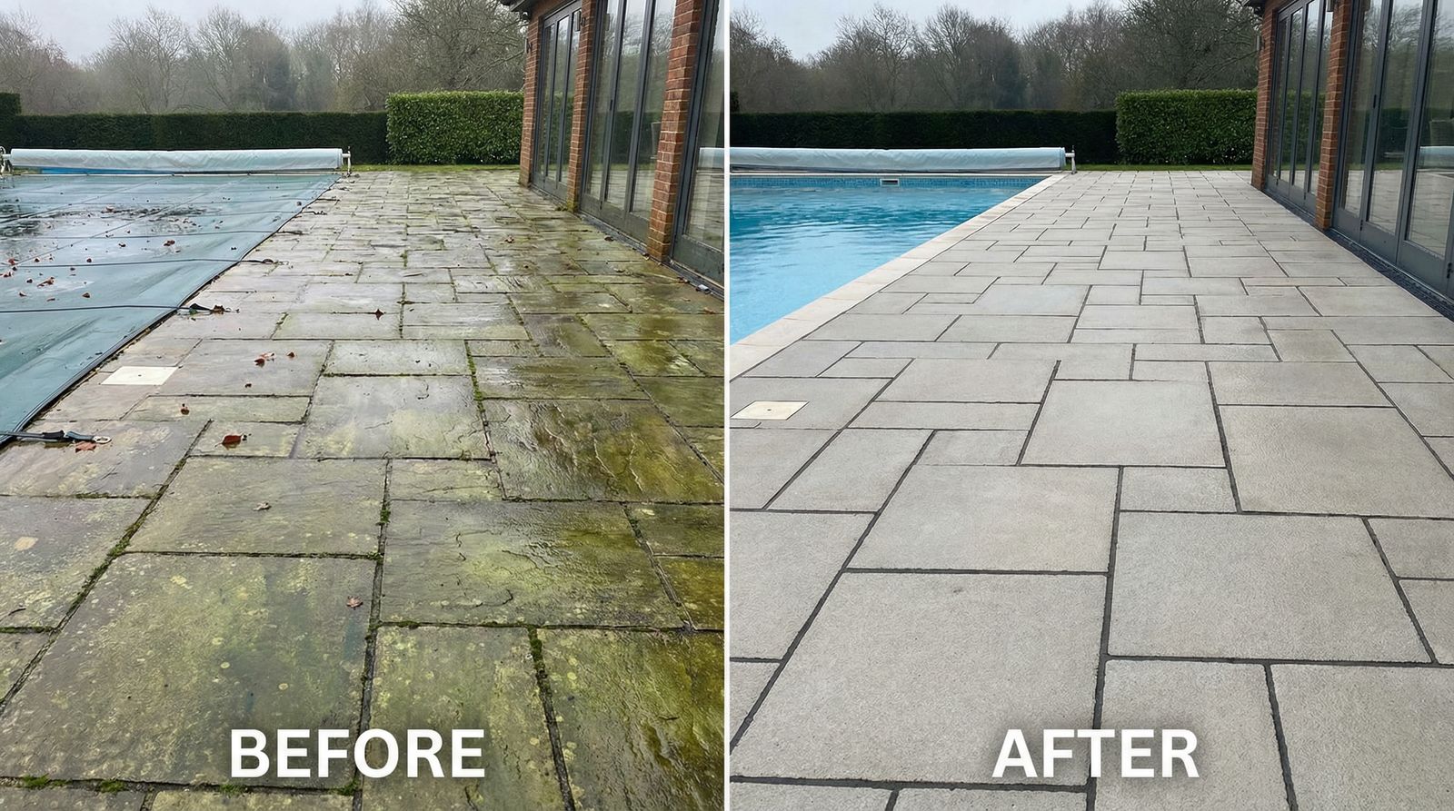 Before and after comparison of the terrace paving at David Lloyd Lichfield showing algae removal and restored stone